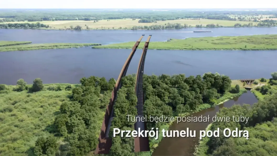 Wizualizacja tunelu pod Odrą, części zachodniej obwodnicy Szczecina. Dwie tuby tunelu przebiegają pod rzeką, otoczone zielenią.