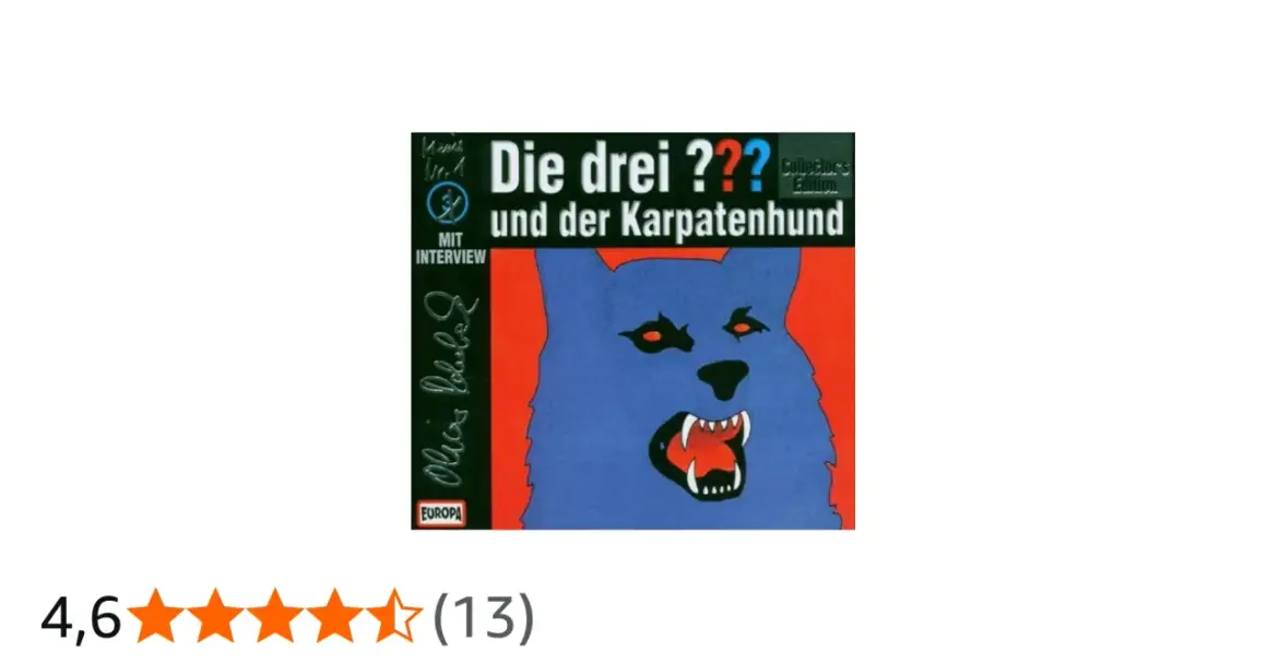 Cover von "Die drei ??? und der Karpatenhund" mit einem bedrohlichen blauen Wolf und dem Titel.