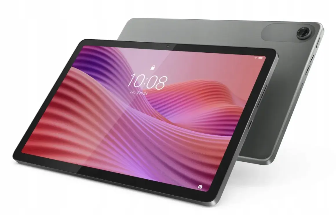Szary tablet Lenovo z kolorową tapetą na ekranie. Znajdź instrukcję po polsku dla swojego urządzenia.