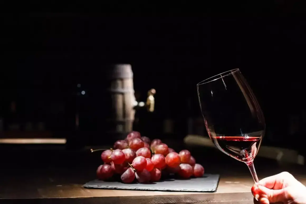 Czerwone winogrona i kieliszek wina, a w tle beczka. Czy wino bezalkoholowe ma alkohol? To pytanie nurtuje wielu miłośników tego trunku.
