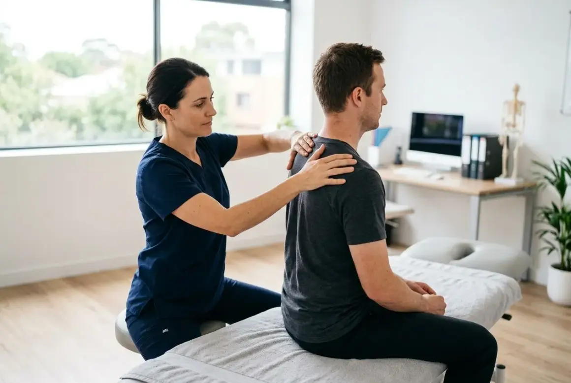 Thérapeute massant le dos d'un homme pour soulager une contracture musculaire.