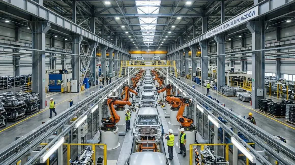 Nowoczesna hala produkcyjna, gdzie roboty pracują nad montażem samochodów. To przykład zaawansowanej automotive produkcji.