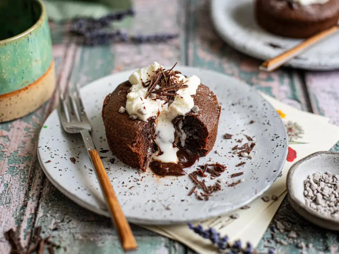 Ein Schokoladen-Lava-Kuchen mit flüssigem Kern, garniert mit Schlagsahne und Schokostreuseln. Ein perfektes Lava cake rezept für Genießer.