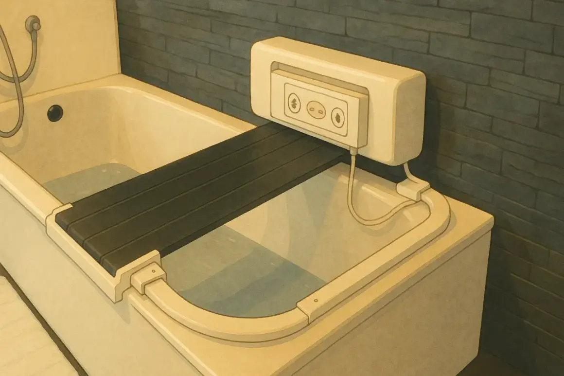 Ein schwenkbarer Badewannenlifter mit Bedienfeld, der die Krankenkasse unterstützt, erleichtert das Baden.