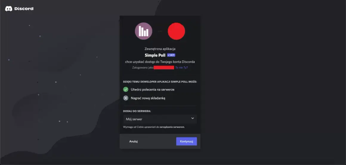 Ekran autoryzacji bota Simple Poll na Discordzie. Dowiedz się, jak zrobic ankiete na Discordzie, dodając bota do swojego serwera.