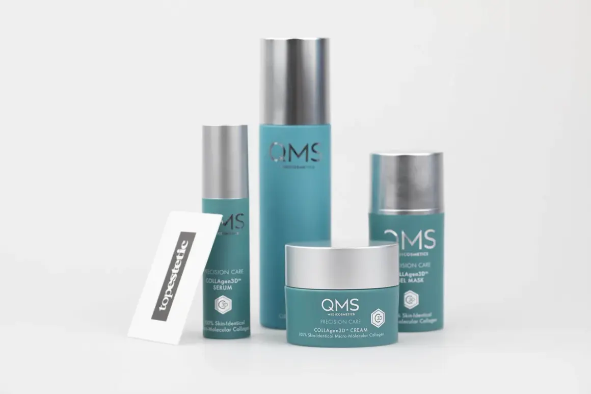 Zestaw kosmetyków QMS z serii Precision Care, w tym serum i krem z kolagenem 3D. Idealne dla skóry wymagającej regeneracji.