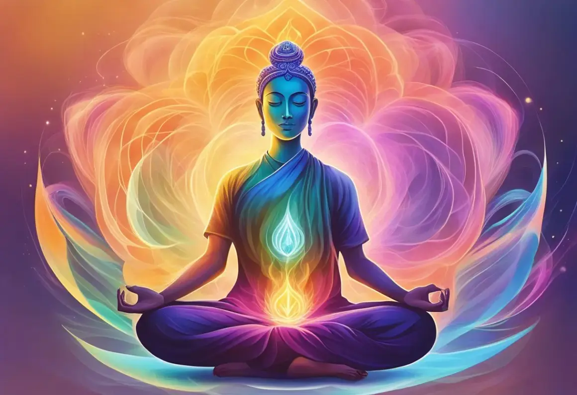 Meditierende Figur im Lotussitz, umgeben von leuchtenden Farben. Ein Flammen-Symbol über dem Bauch deutet an, was ist Kundalini Yoga: Energieerweckung.
