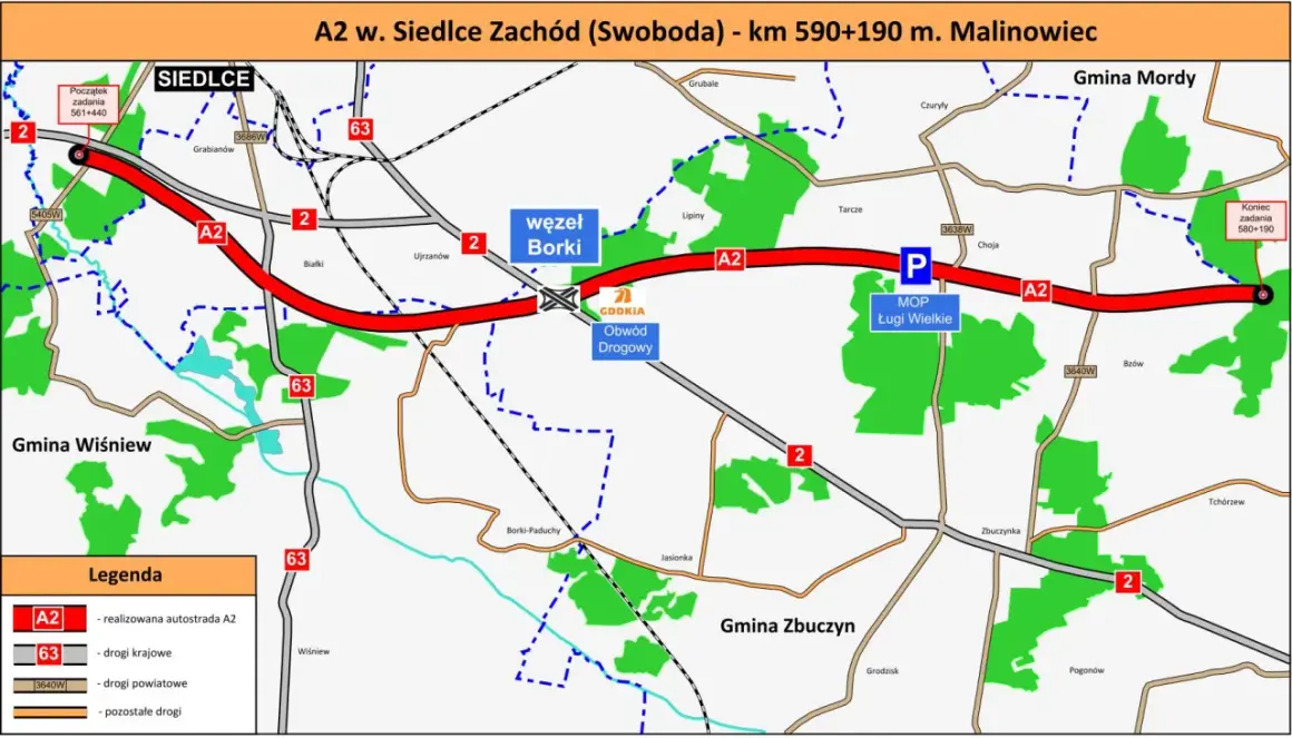 Mapa autostrady A2 w okolicach Siedlec i Białej Podlaskiej, z zaznaczonym węzłem Borki i MOP Ługi Wielkie.