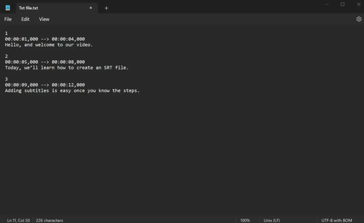 A text editor shows a sample SRT file, demonstrating how to create an SRT file on Mac with numbered subtitles and timestamps.
