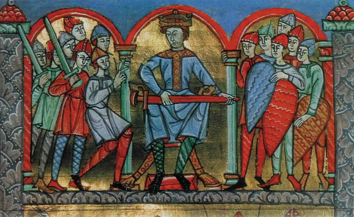 Król z mieczem, otoczony wojownikami. Ilustracja pokazuje, co to wzorce parenetyczne, czyli przykłady cnót i wad.