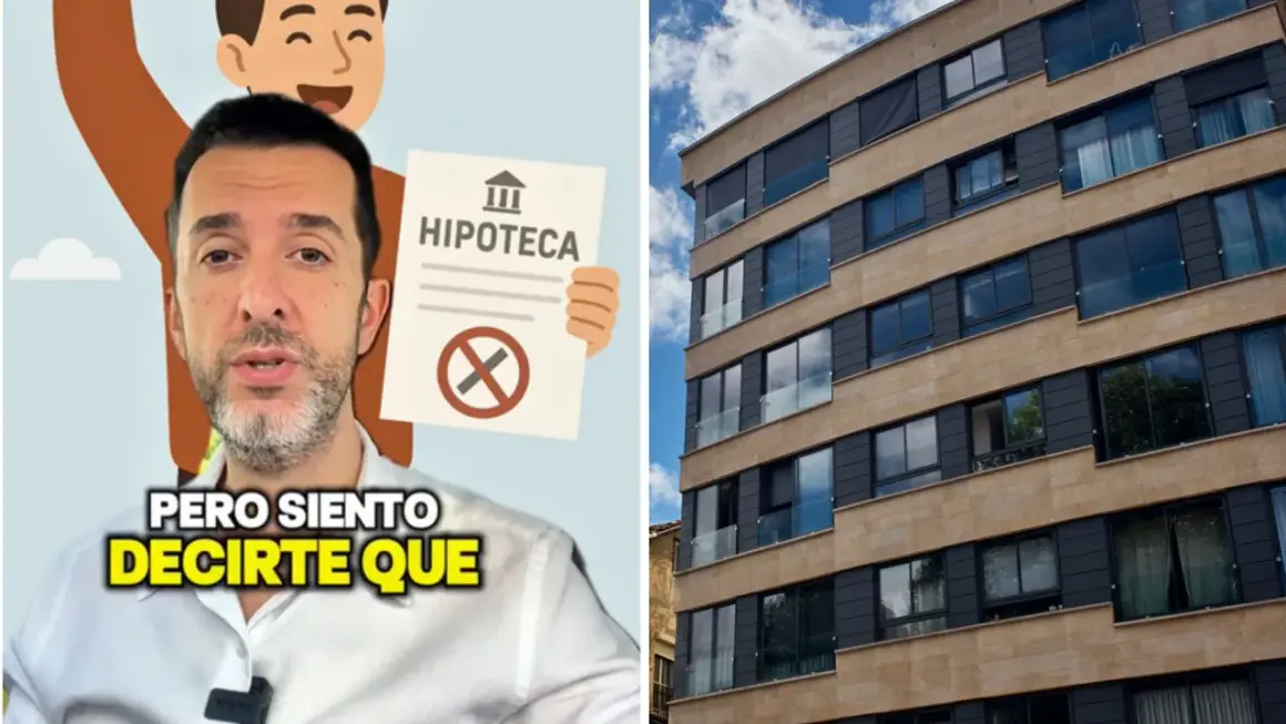 Hombre muestra un documento de hipoteca tachado, mientras un edificio moderno se alza. Pago hipoteca pero no soy propietario.