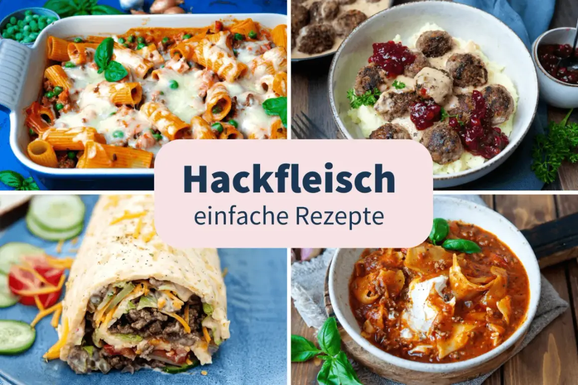 Vier leckere Hackfleisch Gerichte: Nudelauflauf, Hackbällchen mit Kartoffelpüree, Wrap und Nudelpfanne.