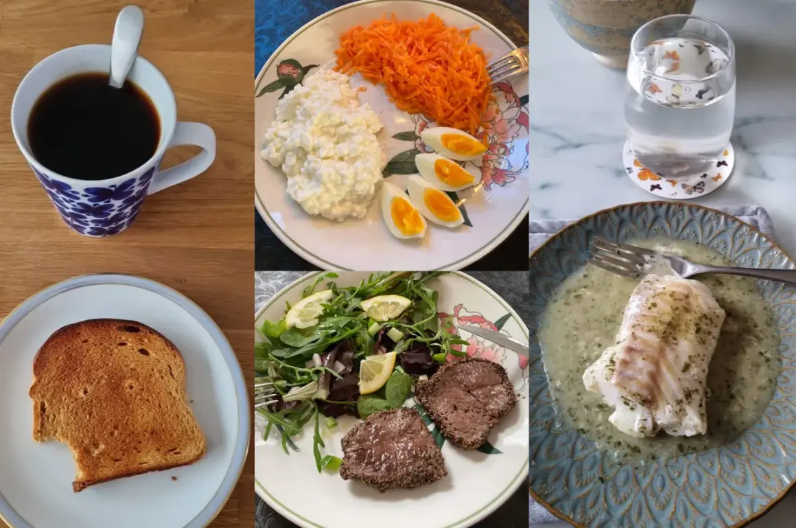 Frukost med kaffe, ägg, keso och rivna morötter. Lunch med biff och sallad. Middag med fisk. En hälsosam måltid enligt rikshospitalets diet.
