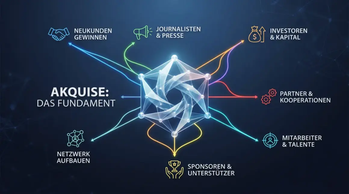 Das Diagramm zeigt, wie Akquise die Basis für Neukundengewinnung, Journalistenkontakte, Investoren, Partner, Mitarbeiter und Sponsoren bildet.