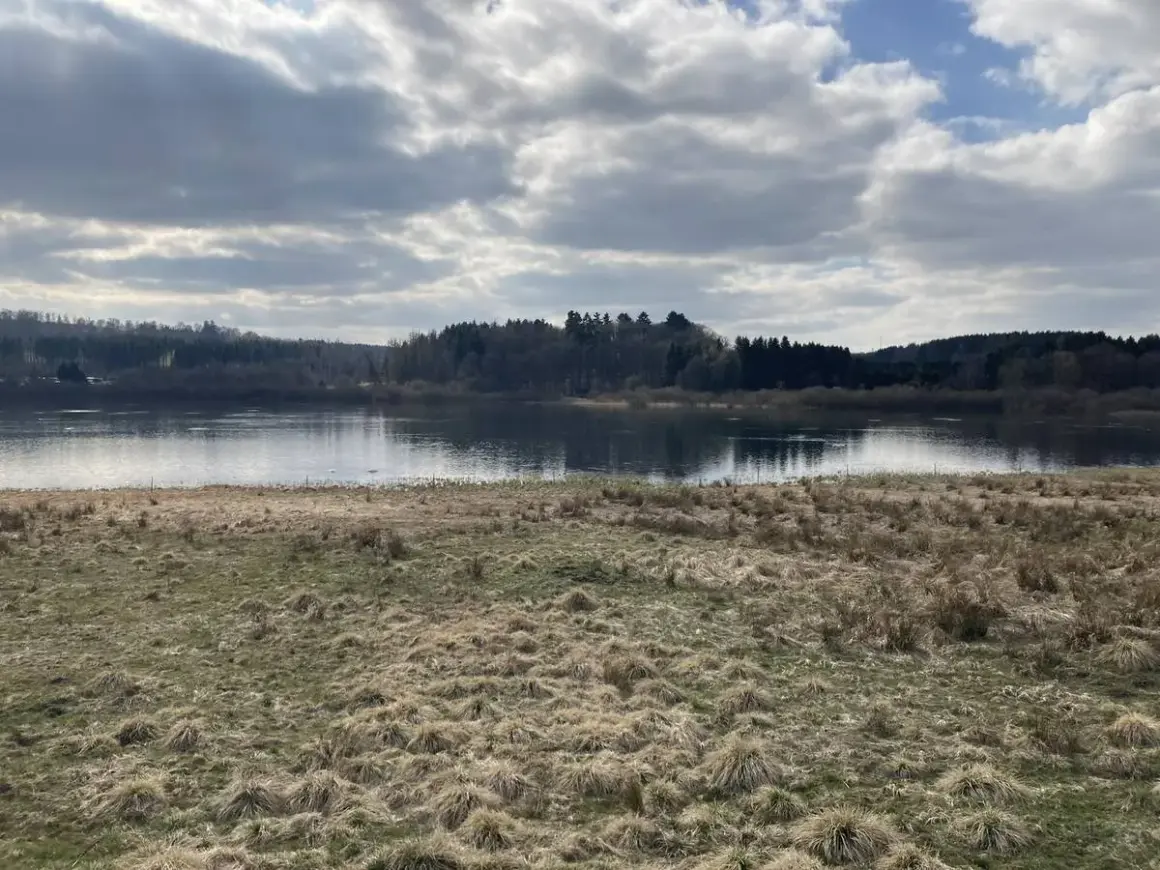 Ein ruhiger Blick auf den Krombachtalsperre Rundweg mit bewaldeten Ufern und einem Himmel voller Wolken.