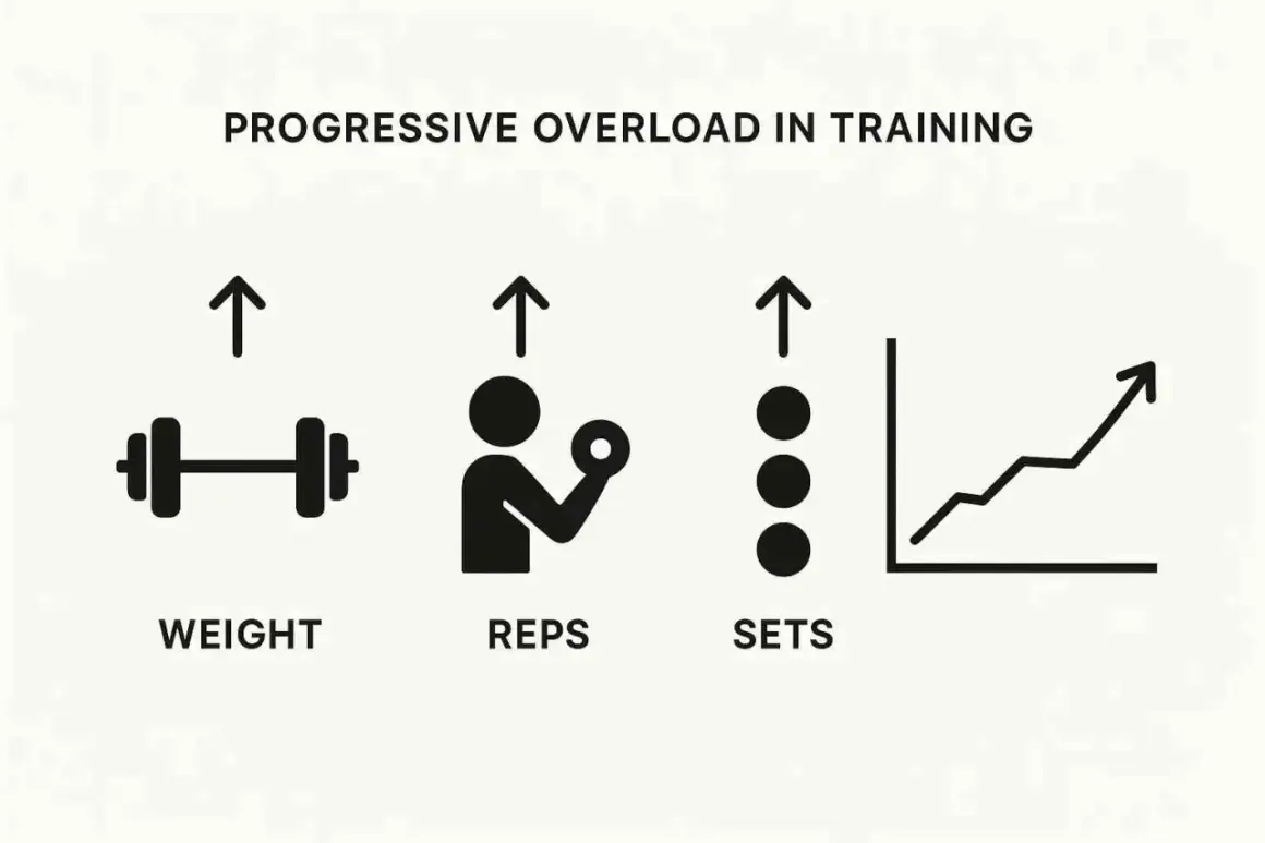 Grafik zeigt progressive Überlastung: Gewicht, Wiederholungen und Sätze steigen an, was zu Fortschritt führt. Perfekt für den **Leg Day**!