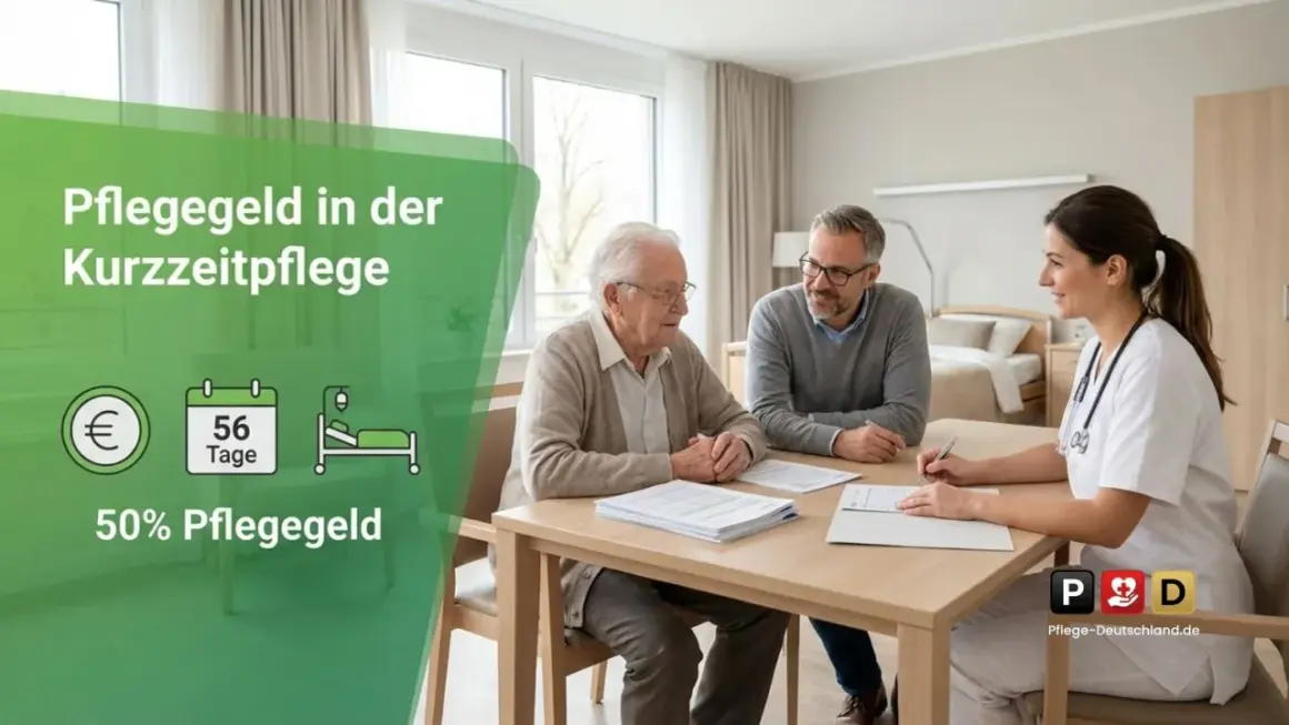 Ein älterer Mann und ein jüngerer Mann sitzen an einem Tisch, während eine Pflegekraft ihnen etwas erklärt. Die Grafik zeigt, wie man das Pflegegeld in der Kurzzeitpflege auszahlen lassen kann.