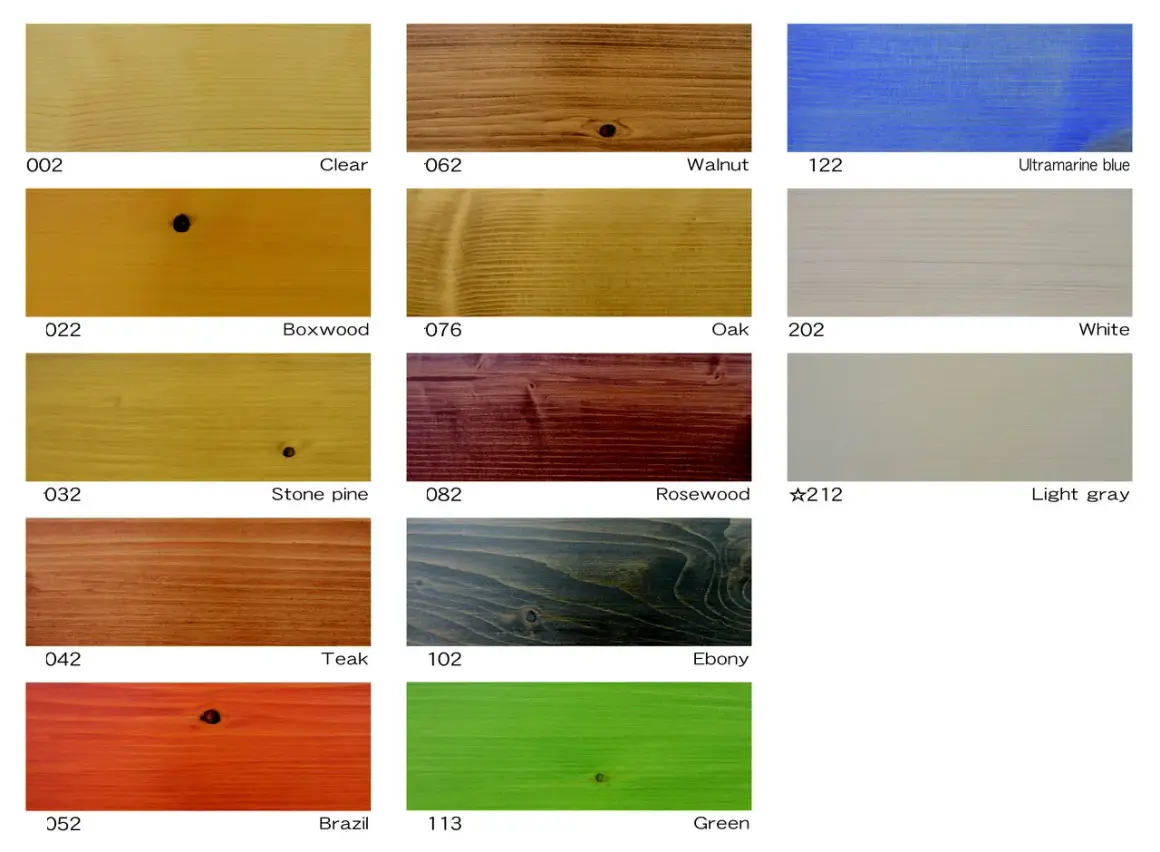 Échantillons de bois teints : du clair au teck, en passant par le bleu outremer et le vert vif. Chaque teinte lasure bois révèle la beauté naturelle du bois.