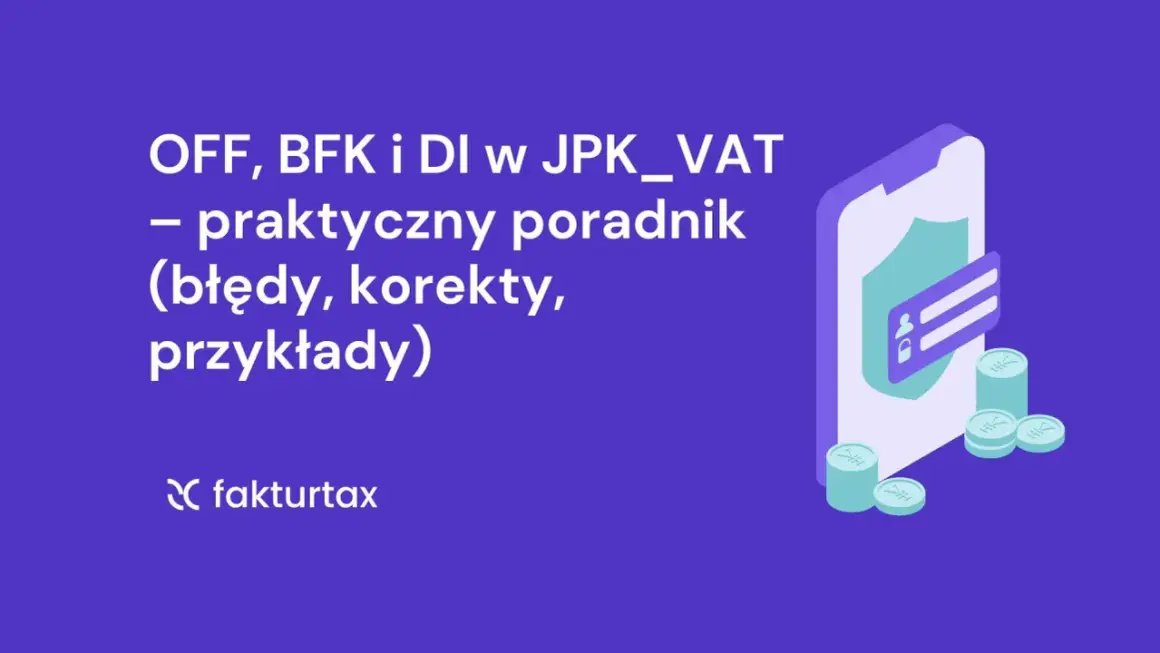 JPK_VAT: poradnik o oznaczeniu DI, błędach i korektach. Grafika z ikoną telefonu, tarczy i monet.