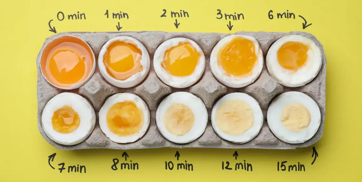 Gekochte Eier in einem Karton zeigen verschiedene Garstufen, von flüssigem Eigelb bis fest. Die Zeiten reichen von 0 bis 15 Minuten. Hier platzen Eier beim Kochen nicht, sondern werden perfekt gegart.