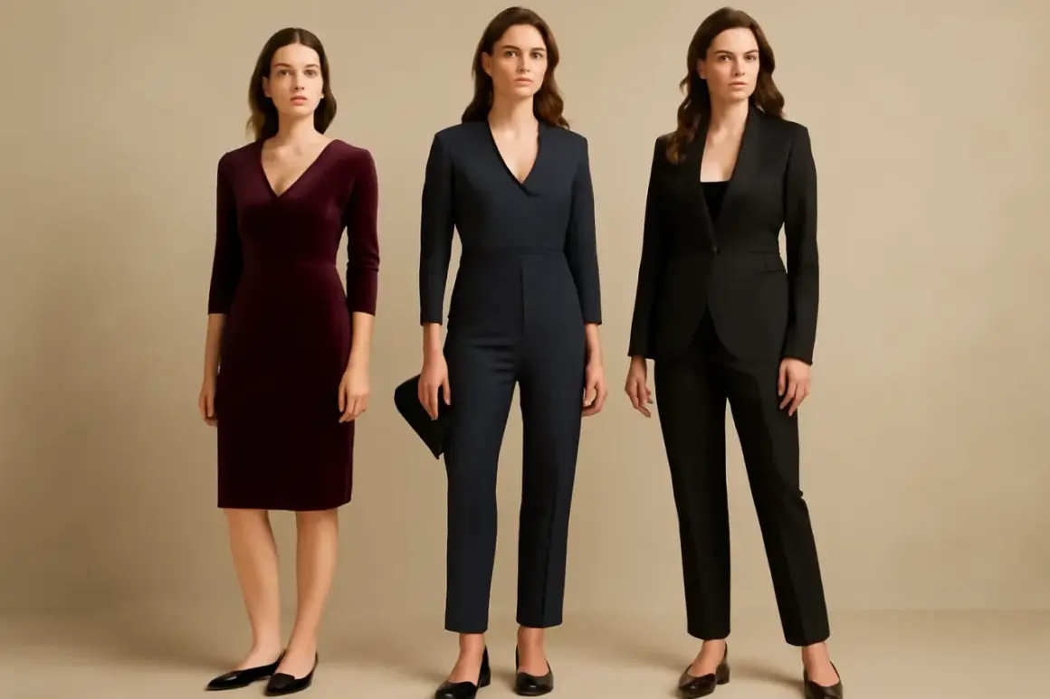 Tre kvinnor visar upp eleganta kläder för cocktail dress code: en vinröd klänning, en mörkblå jumpsuit och en svart kostym.