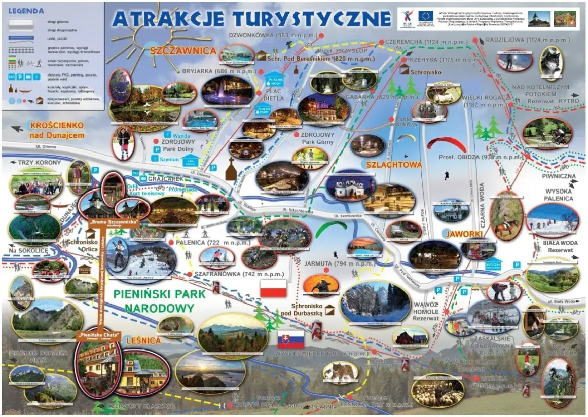 Mapa turystyczna Pienin: atrakcje Szczawnicy, szlaki, wyciągi, punkty widokowe, rezerwaty.