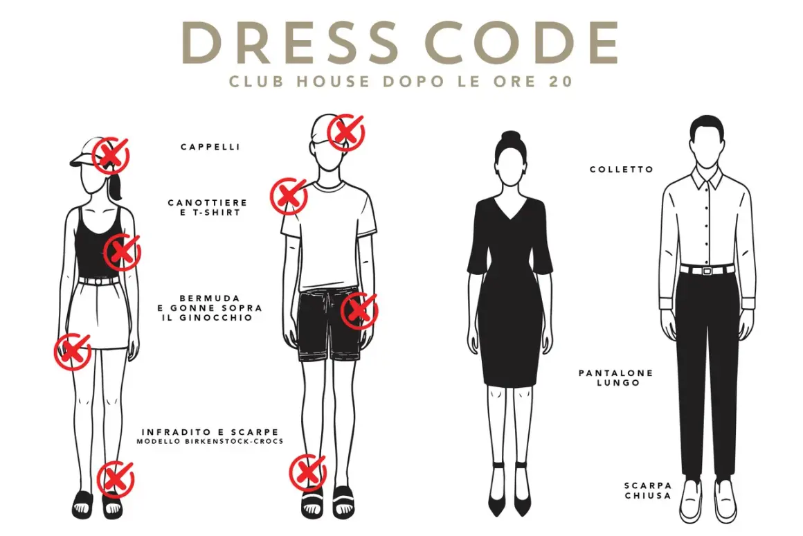 Dress code per il qclub milano: no cappelli, canottiere, bermuda, infradito. Sì abiti eleganti, pantaloni lunghi e scarpe chiuse.