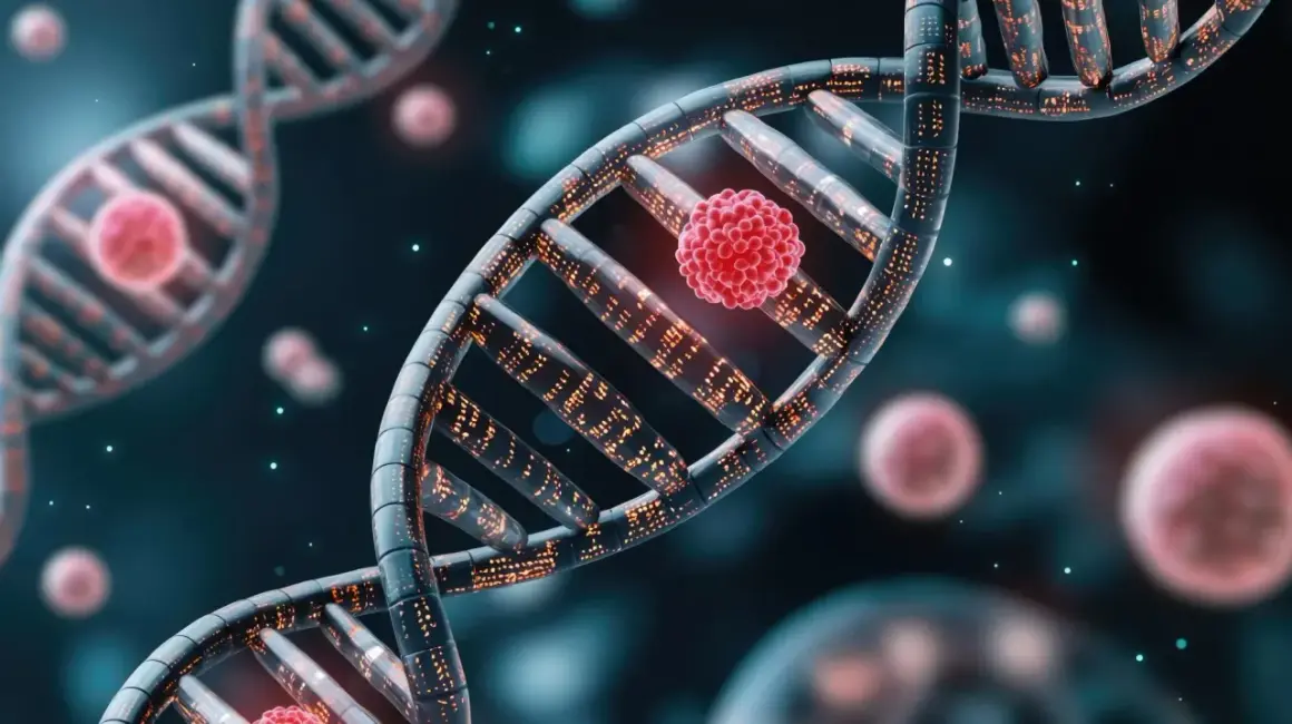 Molekularny obraz DNA z czerwoną, kulistą strukturą, sugerującą mutację lub komórkę rakową, rodzi pytanie: czy rak jest dziedziczny?