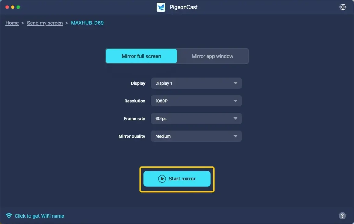 PigeonCast app settings for how to AirPlay from Mac to TV. Choose display, resolution, frame rate, and mirror quality before starting.