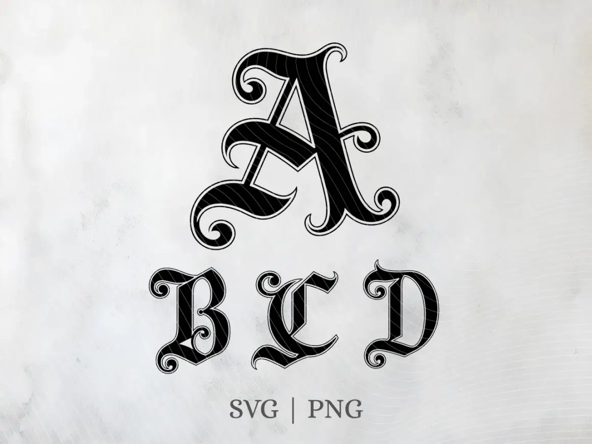 Lettre A, B, C, D en style gothique, avec des volutes élégantes. Parfait pour un design médiéval.