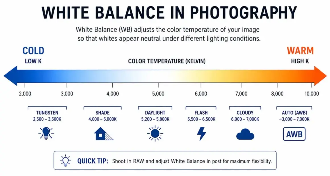 Diagram showing the Kelvin scale for white balance in photography, from cold to warm, with examples like tungsten, daylight, and cloudy.