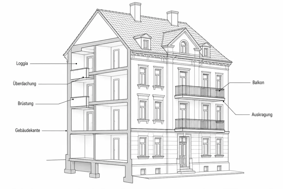 Schnittzeichnung eines Gebäudes, die zeigt, was eine Loggia ist: ein überdachter, nach vorne offener Anbau.