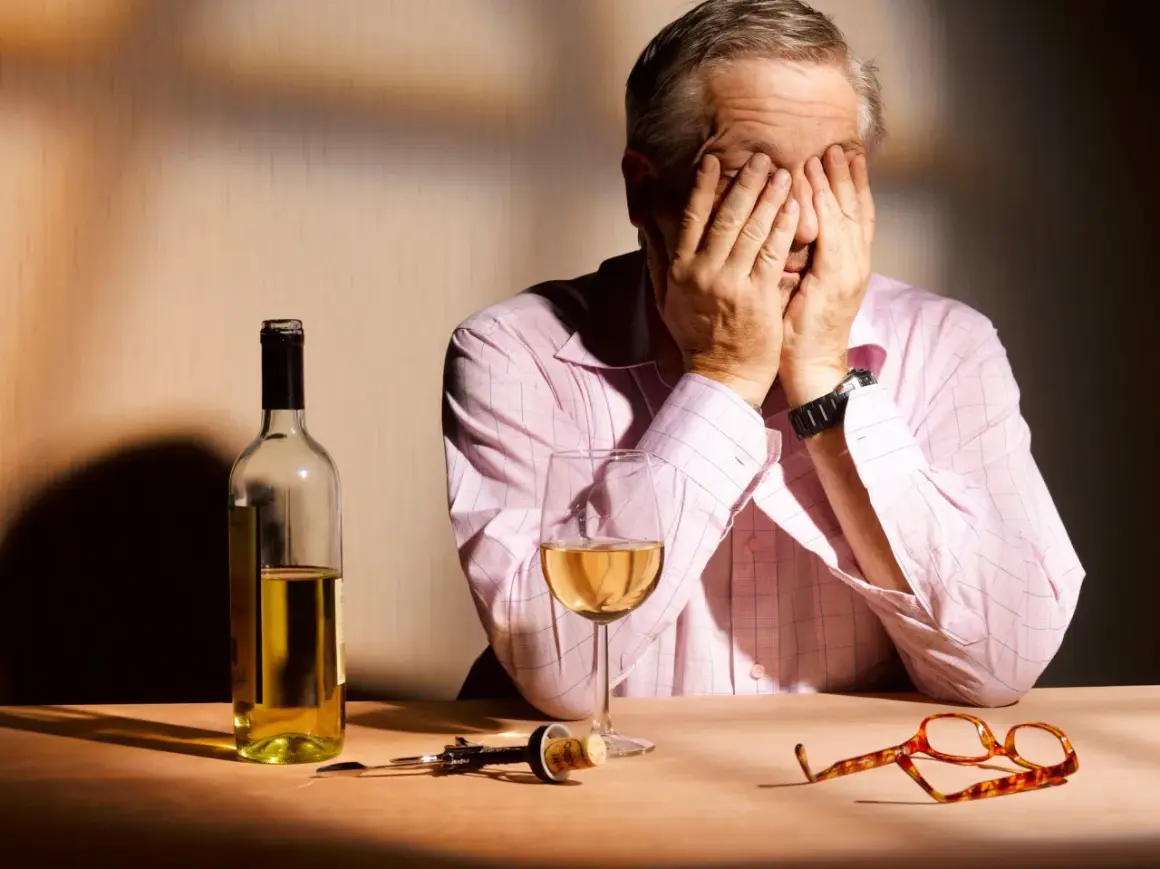 Mann mit Händen vor dem Gesicht, Wein, Korkenzieher und Brille auf dem Tisch. Möglicherweise ein Hinweis auf Korsakow-Demenz.
