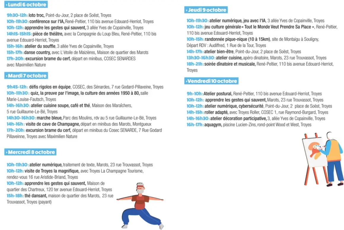 Programme de la semaine bleue à Troyes : ateliers numériques, cuisine, danse, randonnée, et bien plus encore pour tous.