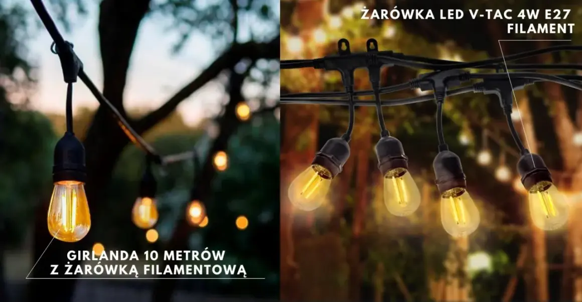 Girlanda 10 metrów z żarówką filamentową na zewnątrz. Ciepłe światło tworzy magiczny nastrój.