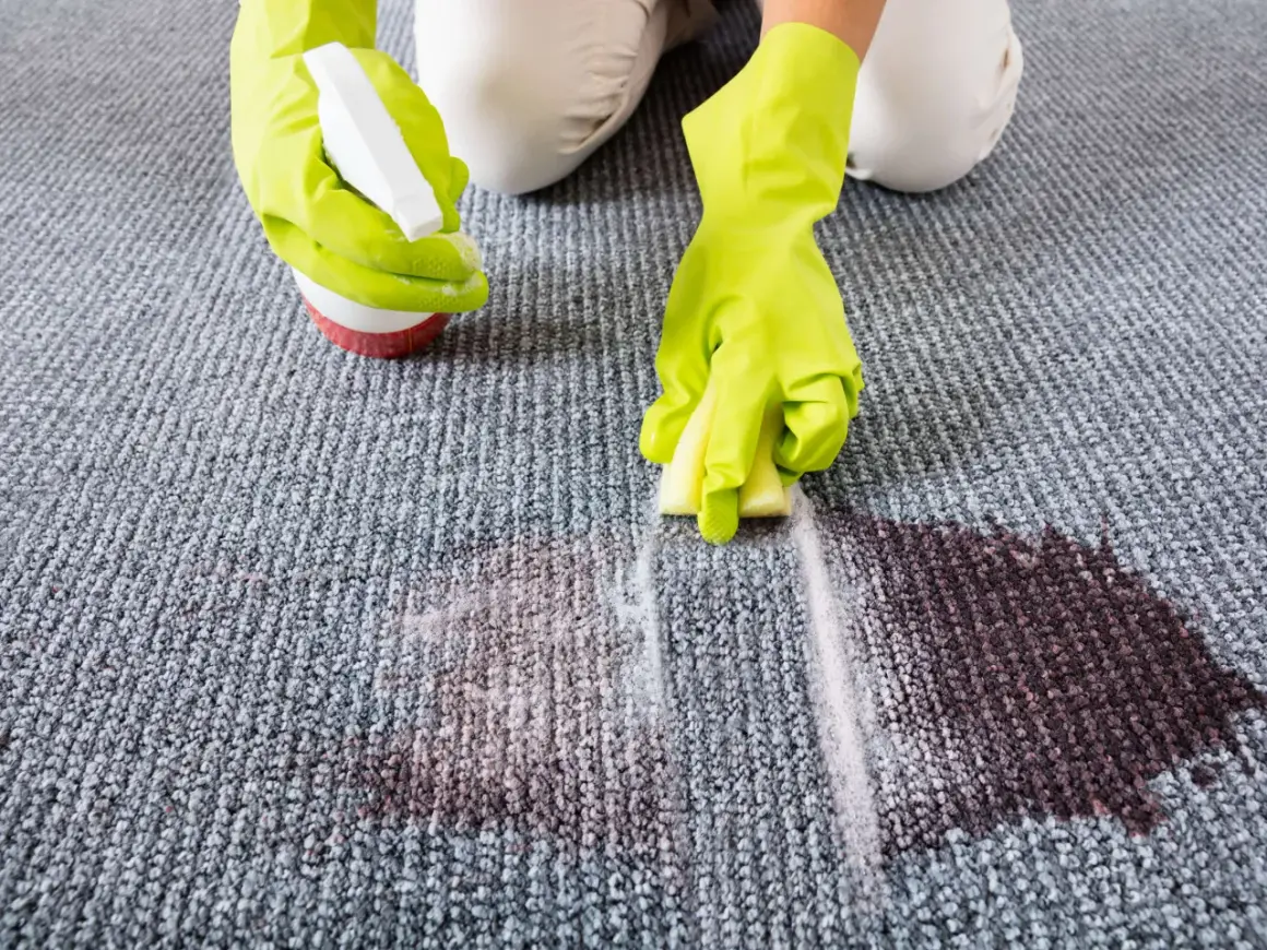 Hände mit Handschuhen sprühen Reiniger auf Fleck, um den Teppich zu reinigen. Waschpulver hilft bei hartnäckigen Flecken.