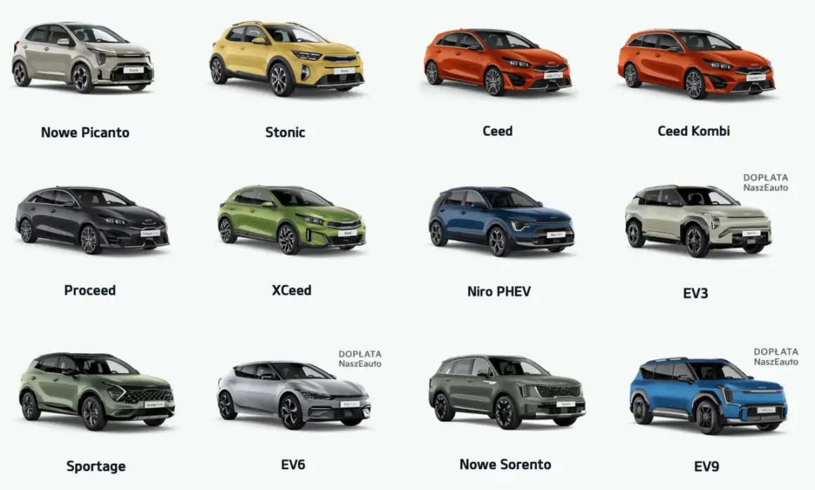 Modele Kia produkowane w Polsce: Picanto, Stonic, Ceed, Proceed, XCeed, Sportage, Sorento. Widać też elektryczne EV6, EV3, EV9.