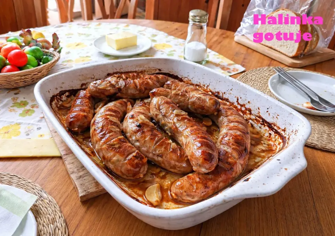 Pyszna, pieczona kiełbasa biała w naczyniu żaroodpornym, z cebulką i czosnkiem. Obok koszyk z jajkami i kromka chleba.