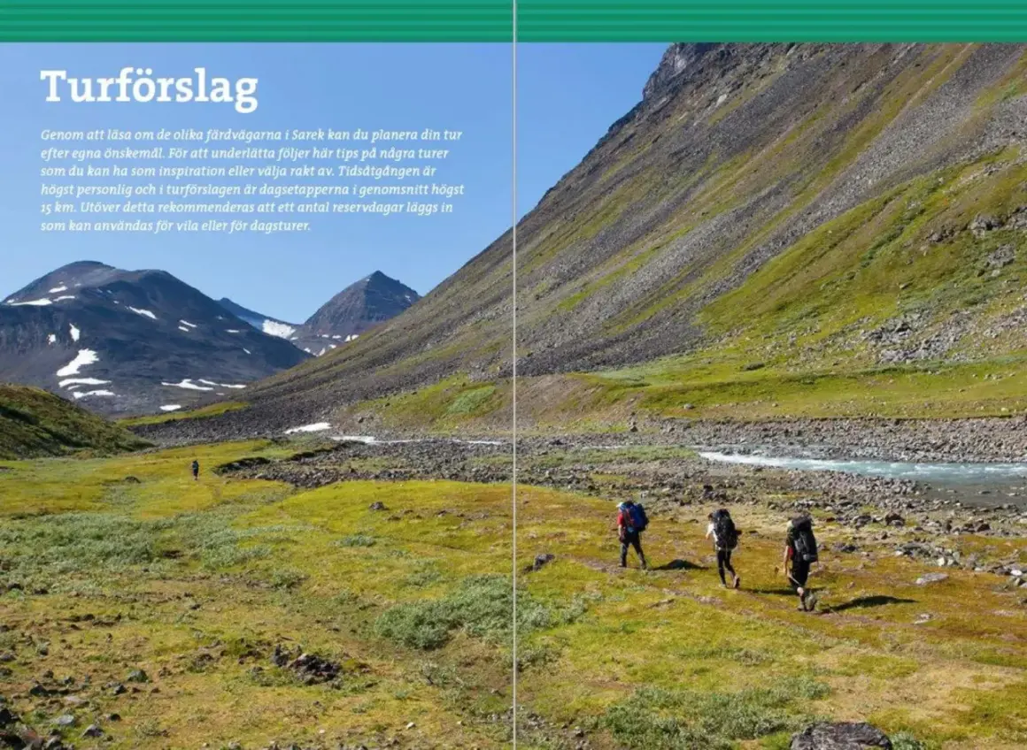 Vandrare med ryggsäckar rör sig genom ett gräsbevuxet landskap i Sarek nationalpark, med berg och en flod i bakgrunden.