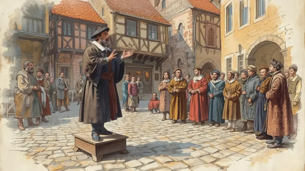 Mężczyzna w stroju z epoki przemawia do zgromadzonego tłumu na brukowanym placu. To scena jak z podręcznika historii, gdzie sztuka po łacinie mogła być częścią nauczania.