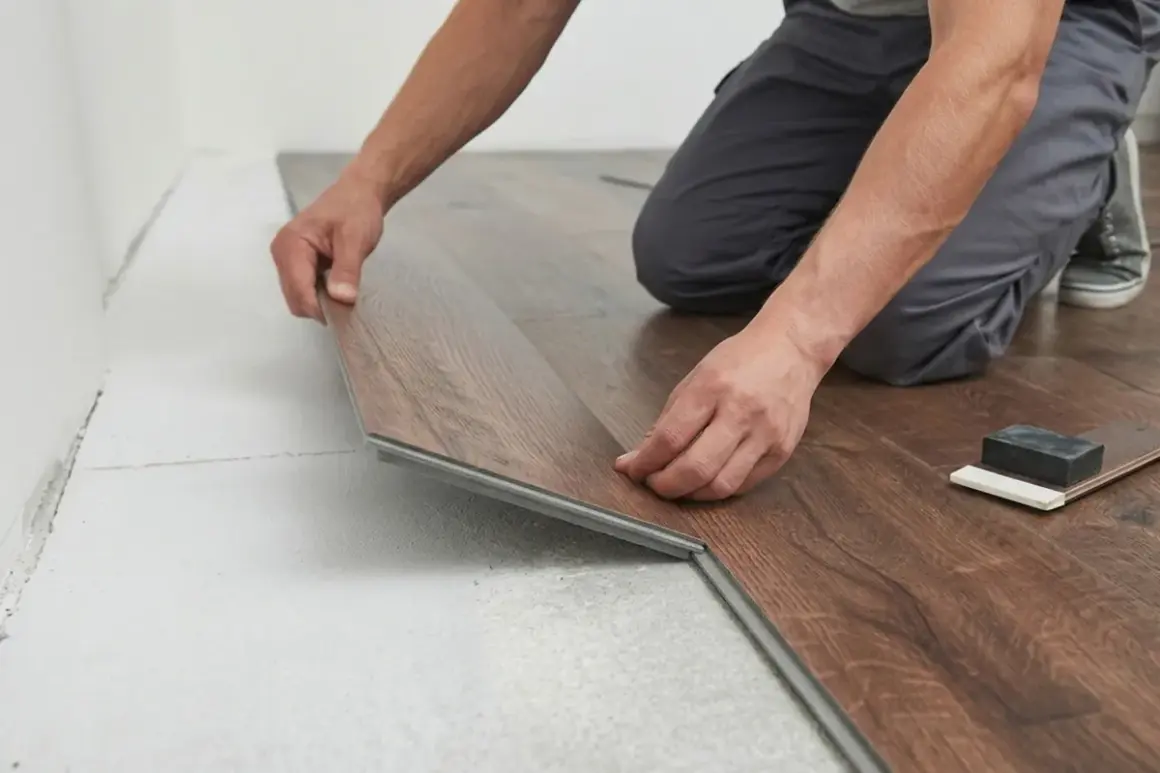 Installazione di una nuova posa pavimento spc effetto legno. Le mani esperte assemblano le doghe con precisione.