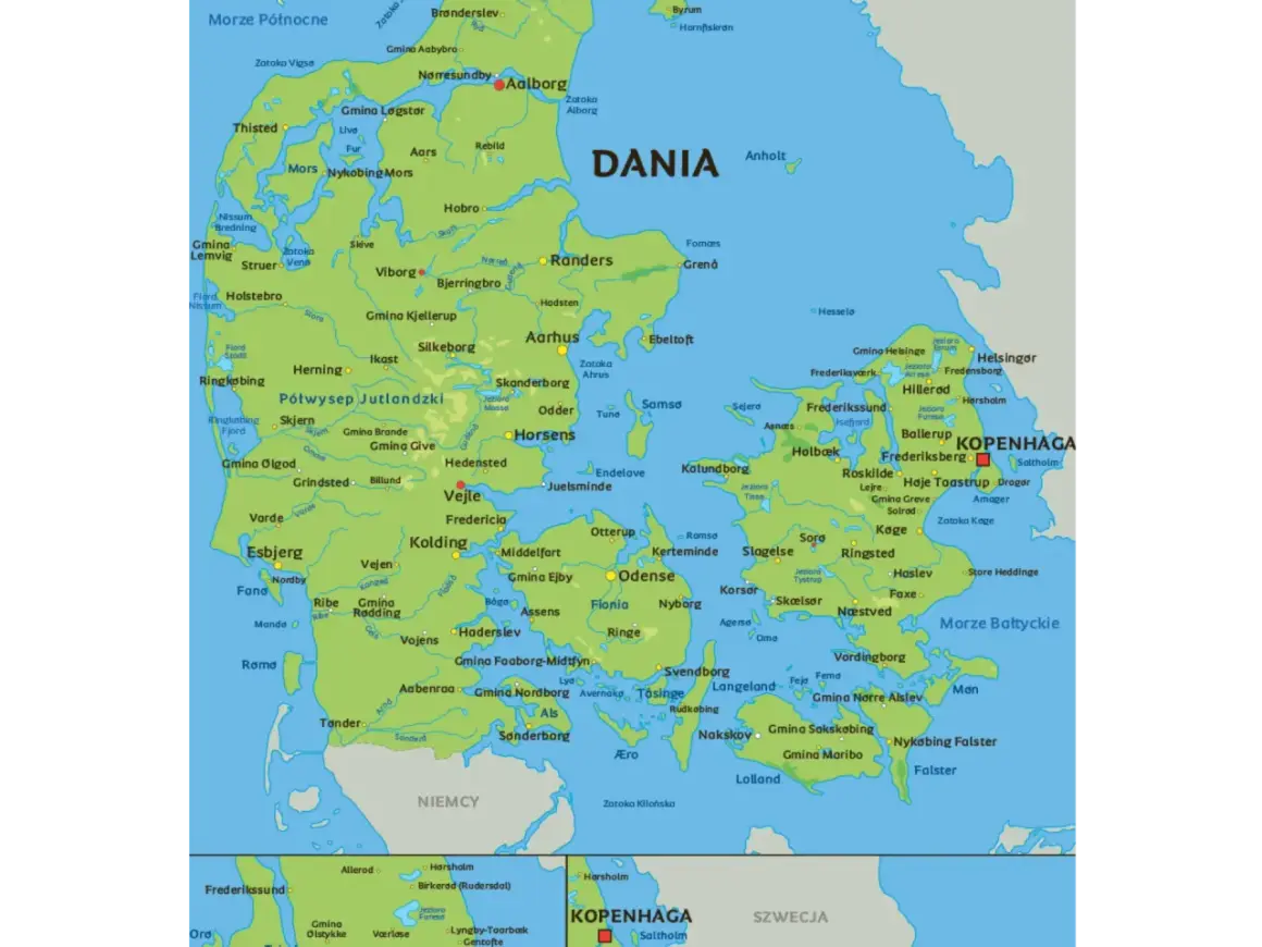 Mapa Danii z zaznaczonymi miastami i regionami. Gdzie jest Dania? Dania to kraj na północy Europy, otoczony wodami.