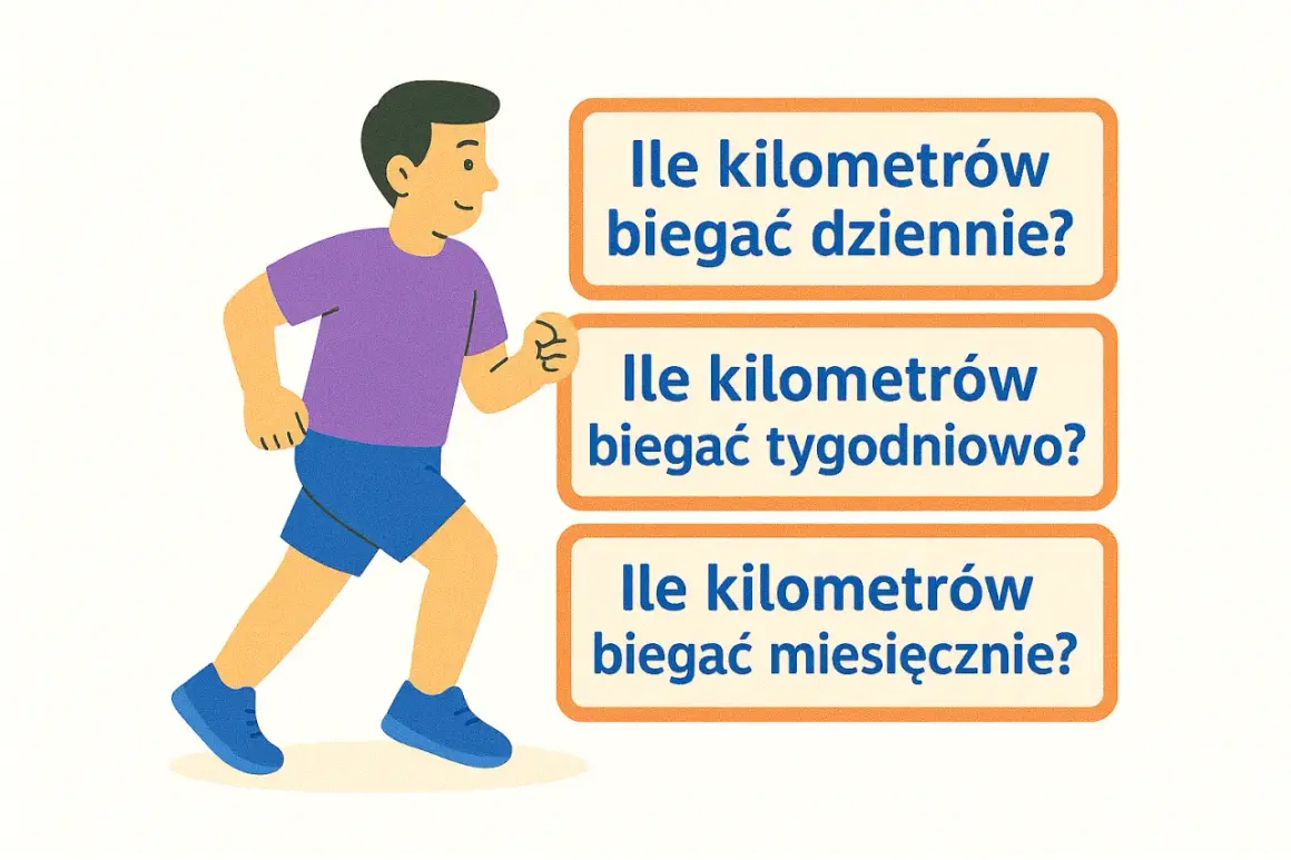 Ilustracja mężczyzny biegającego obok pytań o dystans dzienny, tygodniowy i miesięczny.