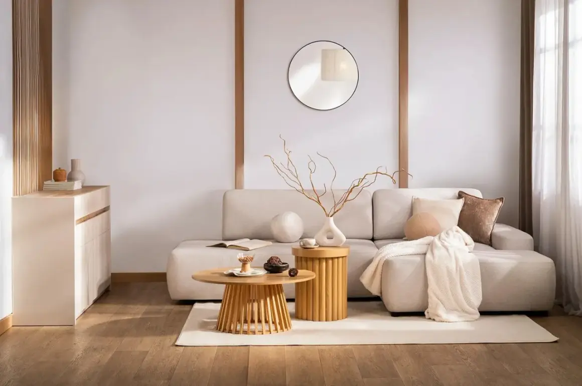 Salon w stylu zen. Jasna kanapa, drewniane stoliki, okrągłe lustro i subtelne dekoracje tworzą oazę spokoju.