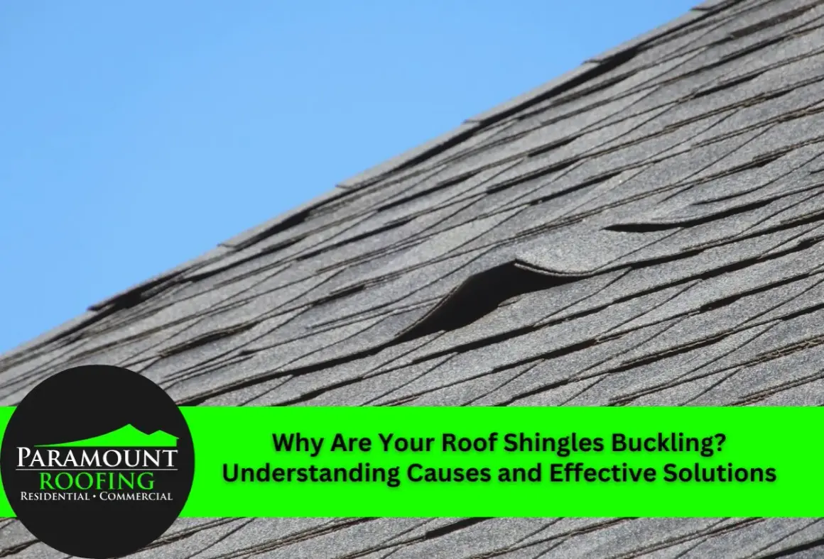 Close-up of a roof with several buckling shingles. A bright blue sky is visible in the background. Text overlay asks, "Why Are Your Roof Shingles Buckling?