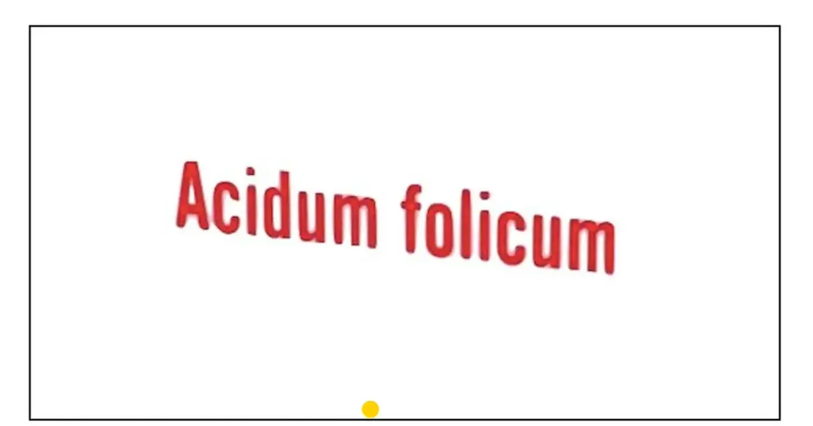 Napis "Acidum folicum" w kolorze czerwonym, lekko pochylony.