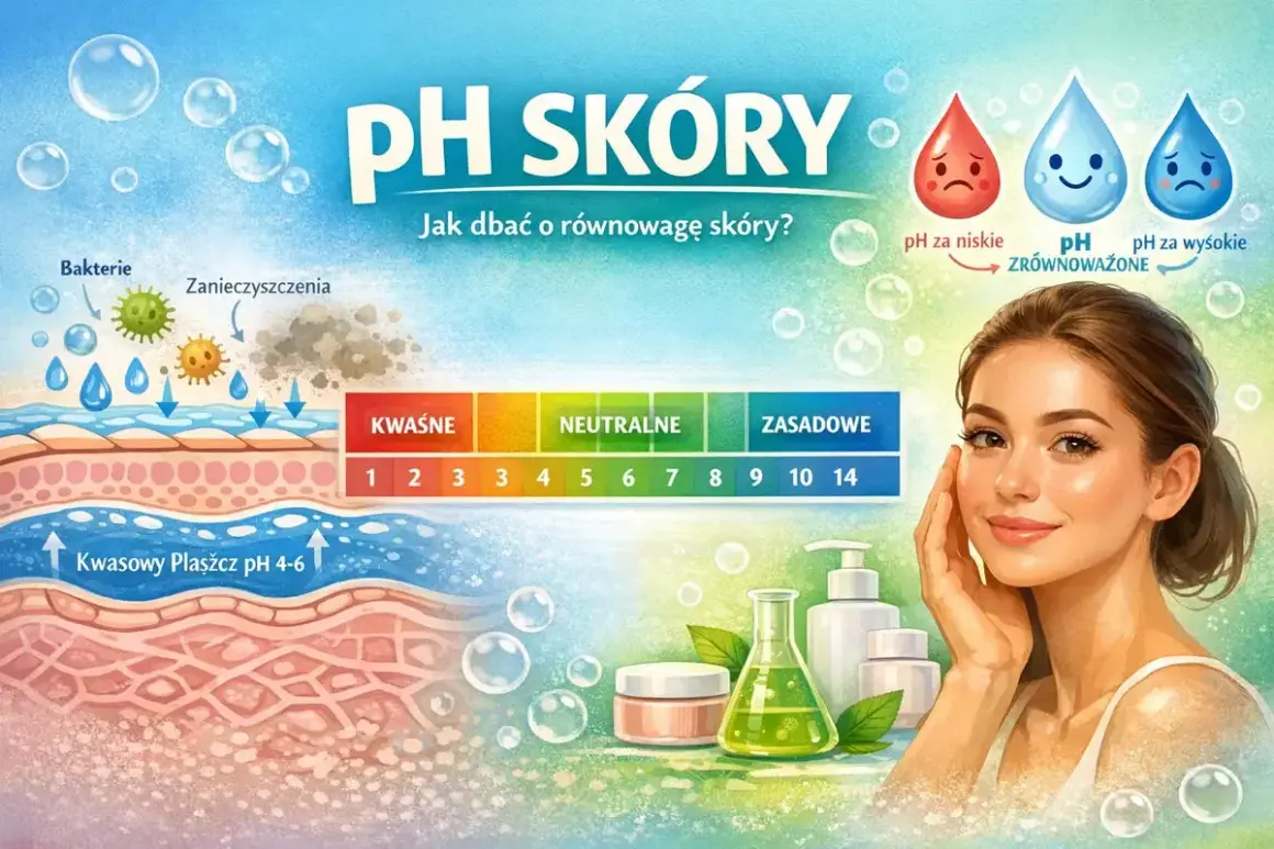 Ilustracja pokazuje, jak dbać o równowagę skóry, prezentując skalę pH i wpływ bakterii oraz zanieczyszczeń na jej kondycję.