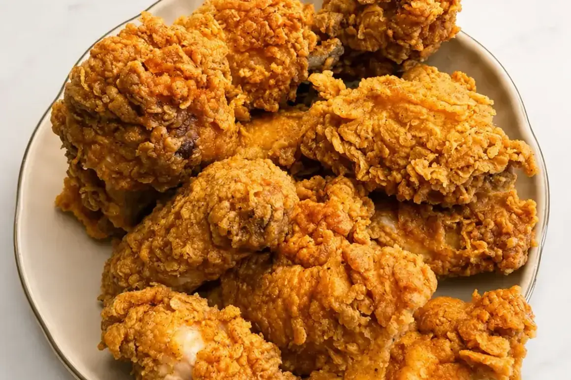 Talerz pełen chrupiących, złocistych kawałków kurczaka, jak z KFC. Idealne na rodzinny obiad.