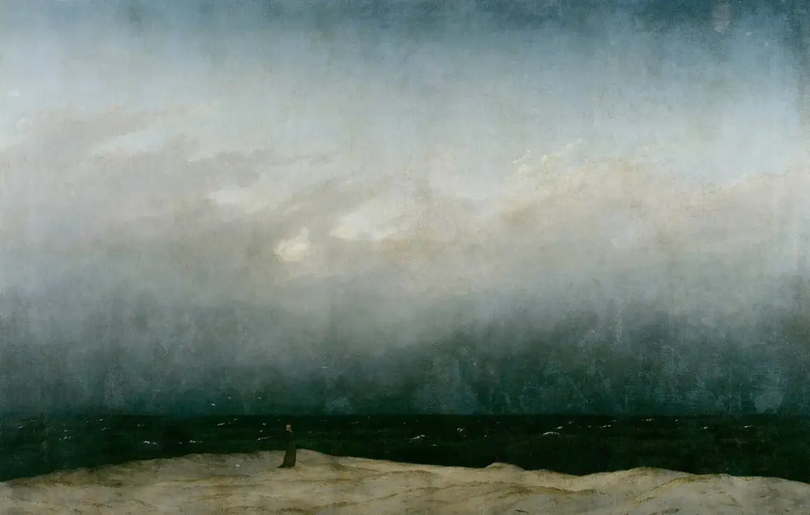 The wanderer painting depicts a solitary figure on a desolate shore, gazing out at a turbulent sea under a dramatic, cloudy sky.