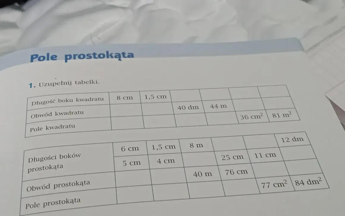 Zadanie z matematyki: uzupełnij tabelki dotyczące pola i obwodu kwadratów i prostokątów. Skala 1:2 nie jest widoczna na obrazku.